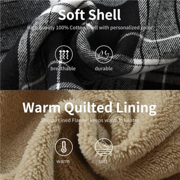 Mens Flannel Shirt Jacket Hooded Sherpa Lined Button Down Plaid Fleece Coat - Picture 6 of 8